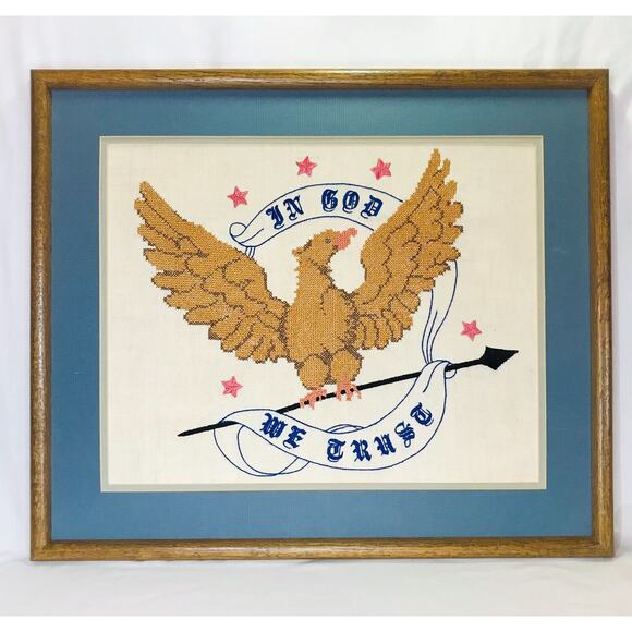 Vintage Patriotic Eagle & Arrow Cross Stitch Folk Art Matted Framed 22.5” x 19” - Picture 1 of 4
